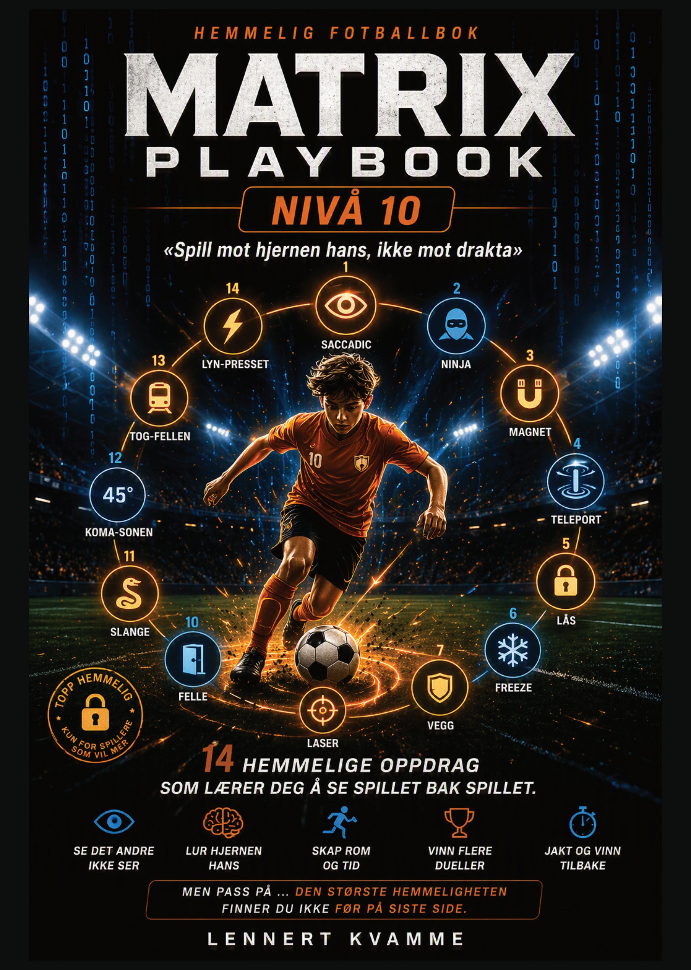 Matrix Playbook Nivå 10 – bokomslag med 14 hemmelige oppdrag rundt en ung spiller